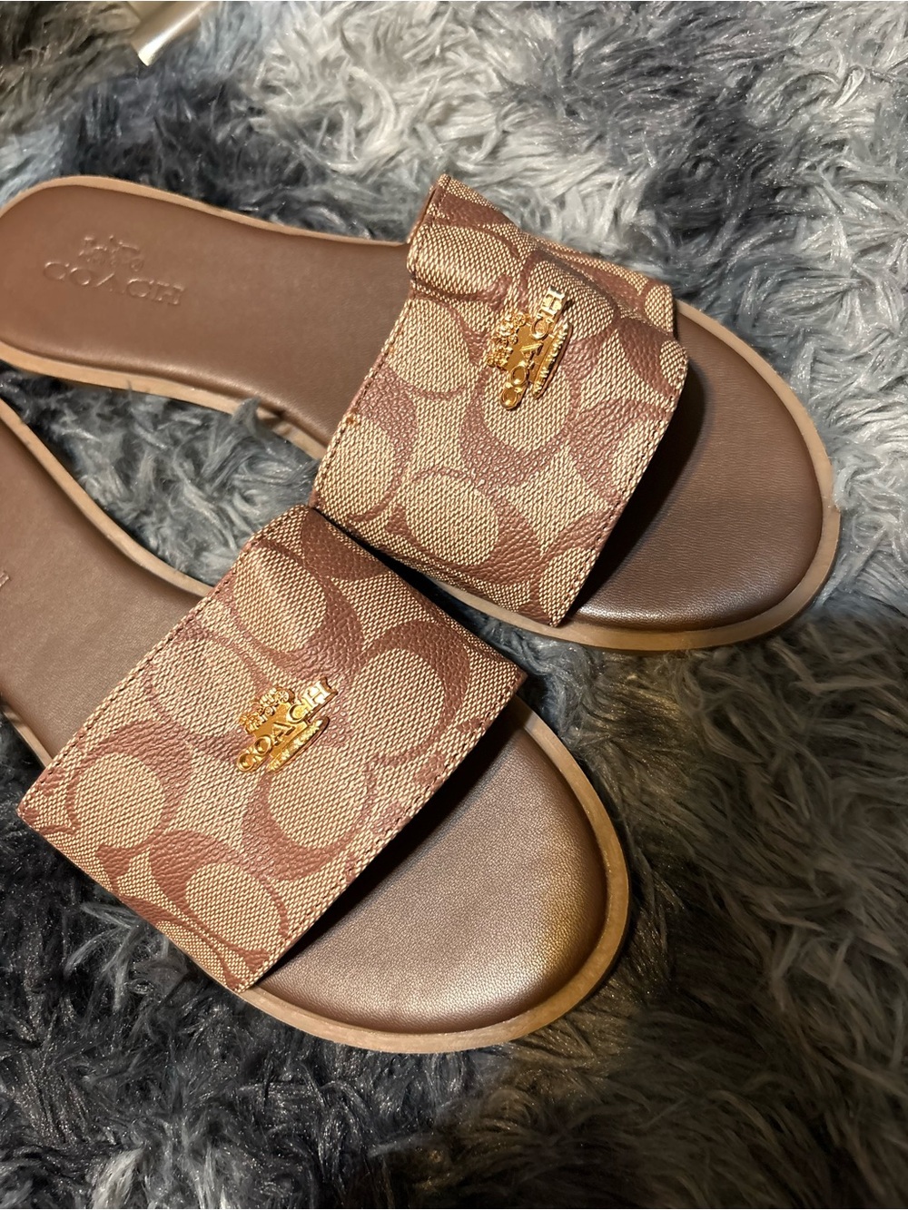 Coach Brown Signature Slide Sandals with Gold Logo